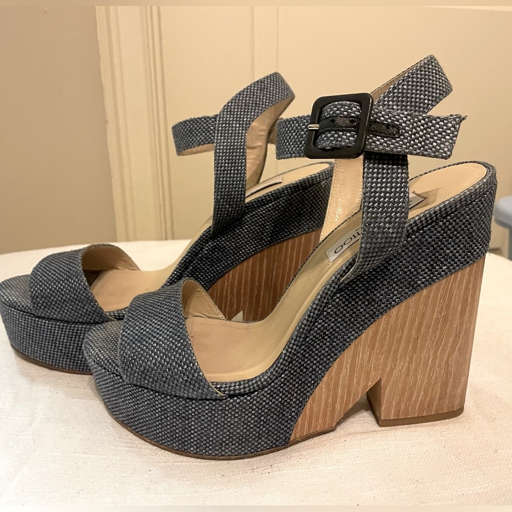Jimmy Choo Denim Wedge Ankle Strap Sandals
Size 40